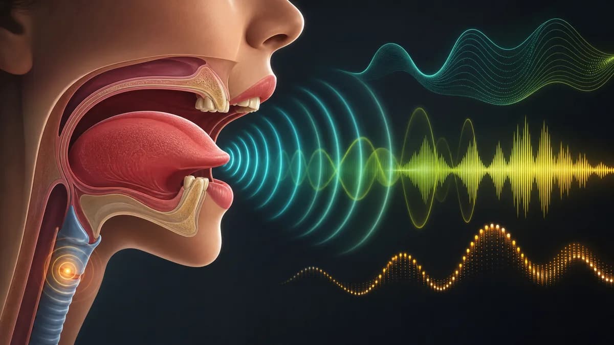 Educational illustration of a mouth profile with tongue positions and soundwaves.