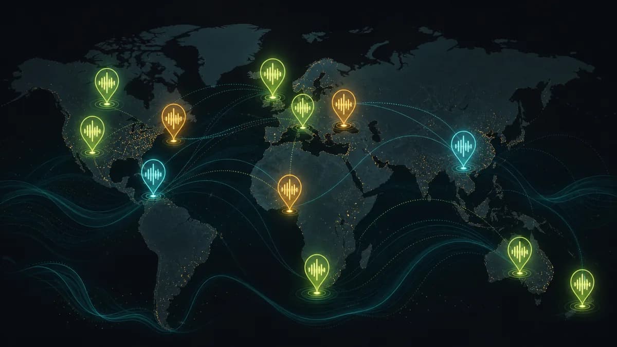 Stylized world map with soundwave pins showing English accents across many regions.